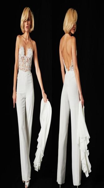 

custom made lace jumpsuit evening dresses detachable train qatar 2023 illusion bodice chiffon backless beach bridal gowns5587882, Black;red