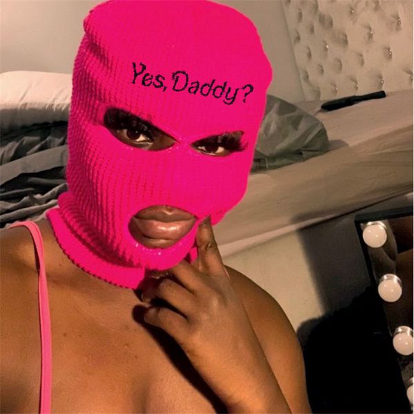 

fashion face masks neck gaiter balaclava full face mask embroidery winter hat for woman ski mask yes daddy warm knit full caps outdoor sport