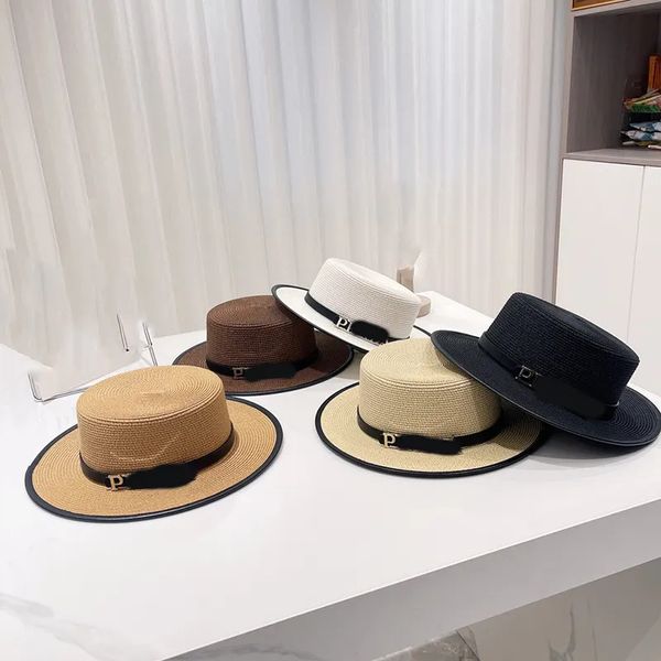 

designer ball caps metal letter label flat straw hat travel sunscreen beach hat sun hat fashion versatile british hat outdoor sports ball ha, Blue;gray