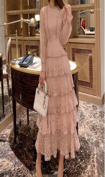 

pink lace embroidery maxi dress female autumn winter full sleeve high waist ruffle elegant long party dresses woman 20222695873, Black;gray