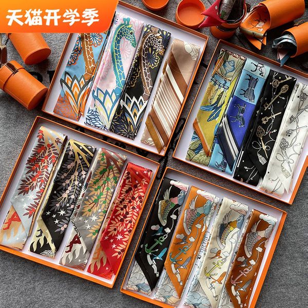 

23 new h twill silk scarf maya forest cloud room vientiane silk twill tied bag handle strip, Blue;gray