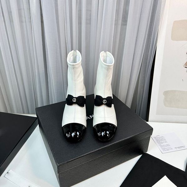 

knit bowknot ankle boots round toe chunky block heels women's luxury designer leather sole fashion dress party booties shoes factory fo, Black