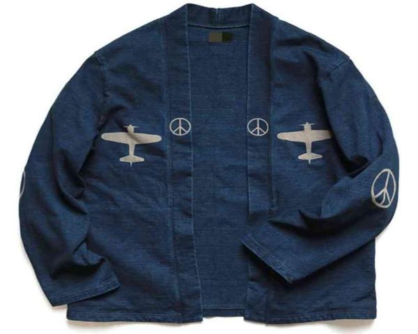 

hirata and hiro kapital solid color printed aircraft anti war blue robe cardigan48210897005007, White;black