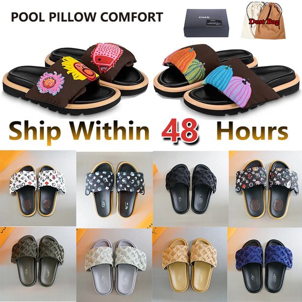 

new luxury slippers sandals women pool pillow comfort embossed mules sliders men womens designer slides slipper waterfront embossed mule rub, Black