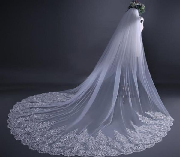 

cathedral train white long wedding veil 338m bridal veils wedding accessories floral applique with beads4587648, Black