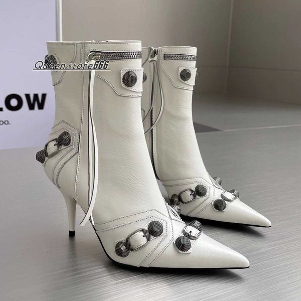 

new white sheepskin pointed high-heeled boots metal buckle decoration women's shoes motorcycle tassel leather zip shoes luxury designer, Black