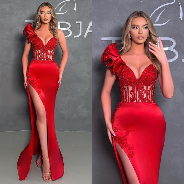 

elegant red mermaid evening dresses sweetheart beading ruffle split formal party prom dress red carpet long dresses for special occasion, Black;red