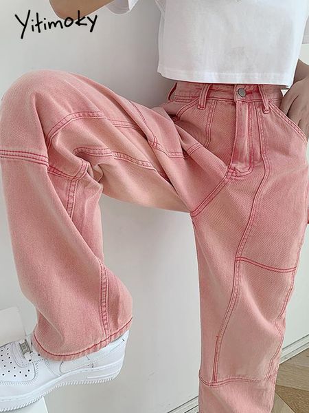 

women's jeans yitimoky woman jeans streetwear vintage quality harajuku straight pants high waist wide leg clothing pink women's de, Blue