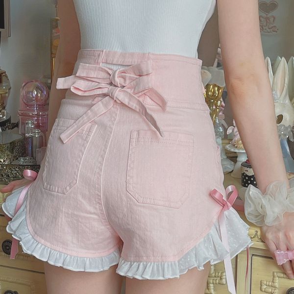 

women's shorts pink kawaii lolita denim shorts women japanese high waist ruffles lace bandage jeans female summer korean style blue sho, White;black