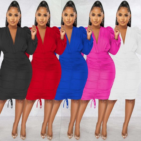 

fashion casual pure color long sleeves folded v neck dress for women, Black;gray