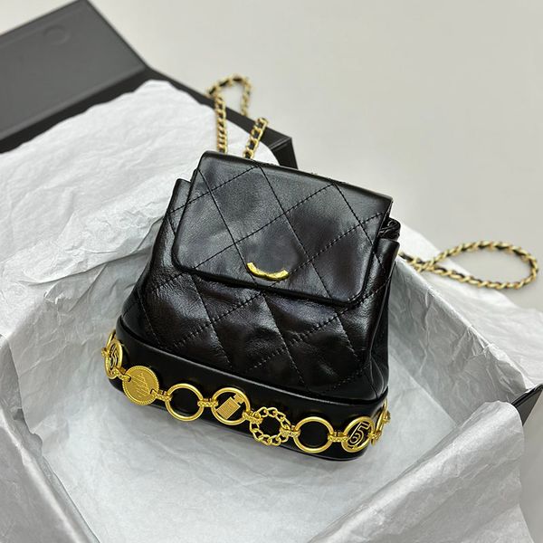 

23b women designer mini backpack bag with badge coin decoration calfskin leather carved gold metal hardware matelasse chain turn lock embroi