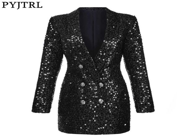 

pyjtrl fashion women shawl lapel shiny sequins suit jacket female doublebreasted long coat slim fit blazers autumn clothes 2109307475395, White;black