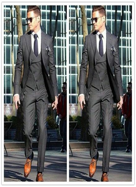 

new popular grey mens wedding 3 piece suits groom groomsmen tuxedos man blazers jacket custom made men dress jacketpantsvestti8798432, Black;gray