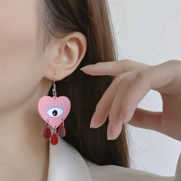 

pink love shaped eyes teardrops acrylic personalized funny earrings, Silver