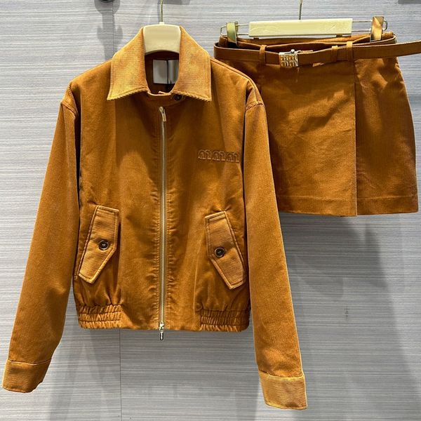 

8.3 vintage temperament letter embroidery zipper corduroy jacket + with belt mini skirt women's two piece sets, White