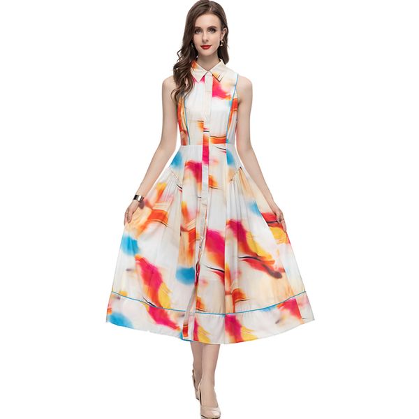 

women's runway dresses turn down collar sleeveless single breasted printed lace up fashion high street designer mid vestidos, Black