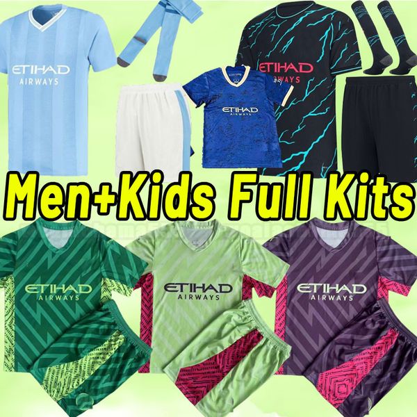 

full set 23 24 erling haaland mans cities soccer jerseys kovacic phillips grealish de bruyne foden 2023 2024 manchesters football shirts kid, Black;yellow