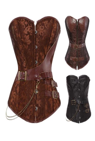 

women vintage steampunk gothic jacquard overbust corset with chains and pu leather belts accent s6xl plus size brown black3862628, Black;white