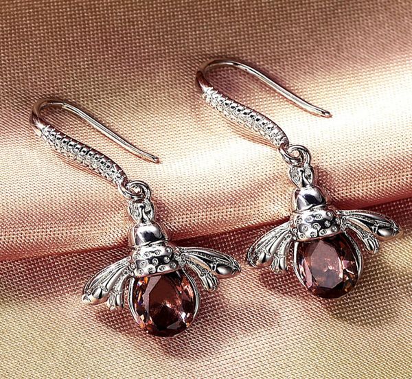 

925 silver color crystal little bees dangle earrings fashion female champagne crystals animal style earring jewelry whole5554042