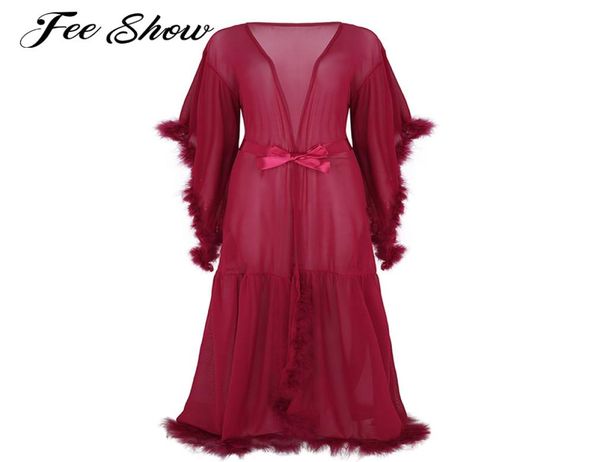 

womens lingerie long bathrobe nightgowns mesh see through sheer bridesmaid robes flare sleeves feather maxi sleepwear dress4619870, Black;red