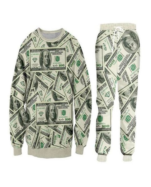 

new men womens couple 100 dollar 3d print crewneck sweatshirt pants autumn winter tracksuit3785312, Gray