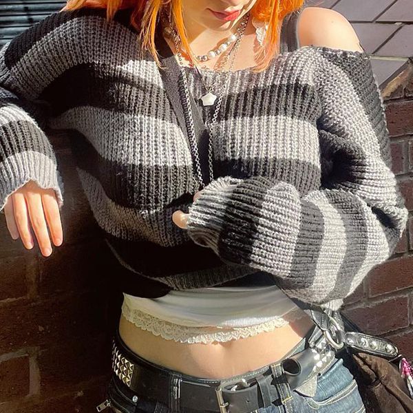 

women's sweaters egirl gothic striped knitted pullovers 2000s retro dark academia sweater y2k vintage harajuku grunge jumpers autumn cl, White;black