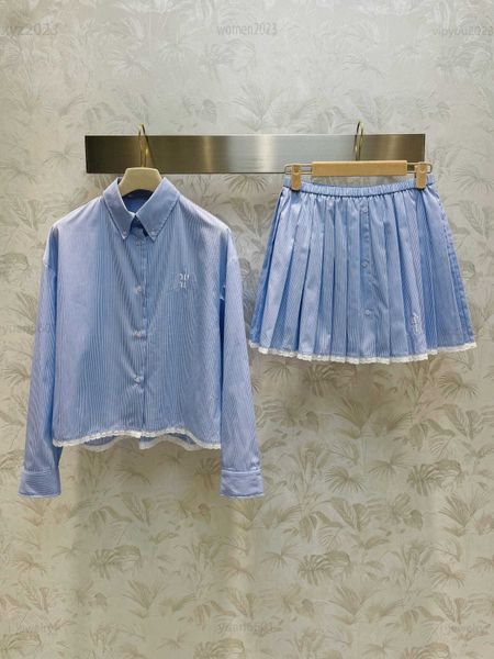 

designer women sets girl autumn suit two piece dress spliced lace striped shirt and elastic waist striped pleated skirt july28, White