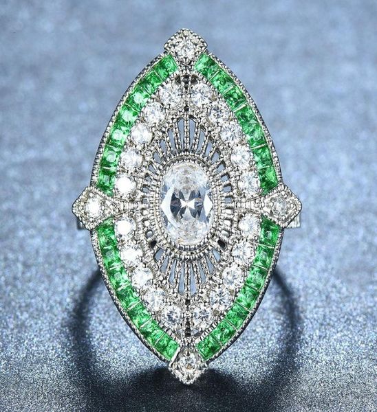 

female male antique 925 silver big wide rings for women men green stone white zircon wedding bands turkish jewelry emerald ring5432146, Golden;silver