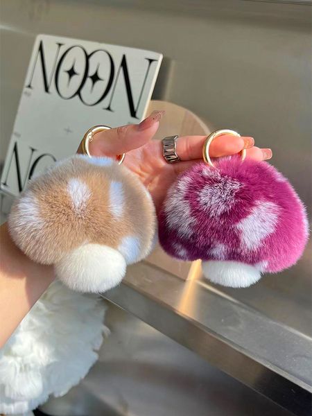

key rings cute mushroom real rex rabbit fur chains girls schoolbag toy pendant plush ball women bag hanging ornaments car keyring gift 23080, Slivery;golden