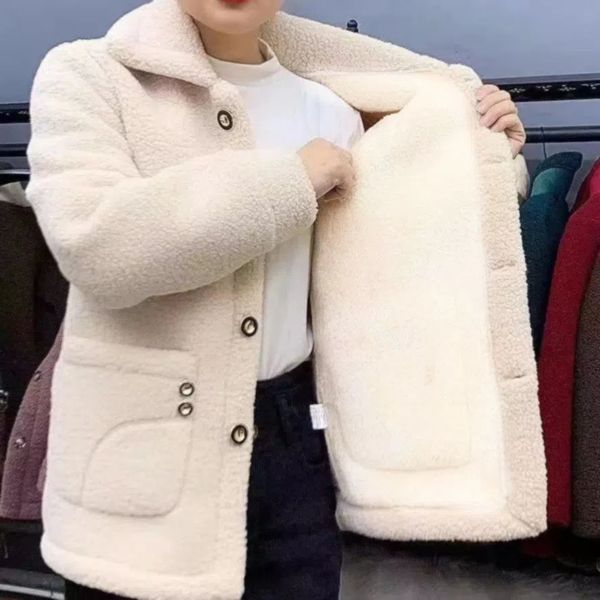 

women's jackets velvet thickened lamb fleece long sleeve autumn/winter mid length coat warm coat for women 230803, Black;brown