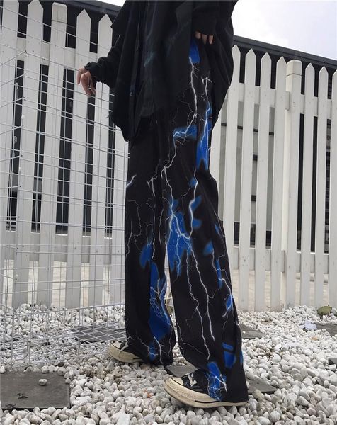 

female hip hop trousers female harajuku style high street dark retro lightning print loose casual wideleg pants6638691, Black;white
