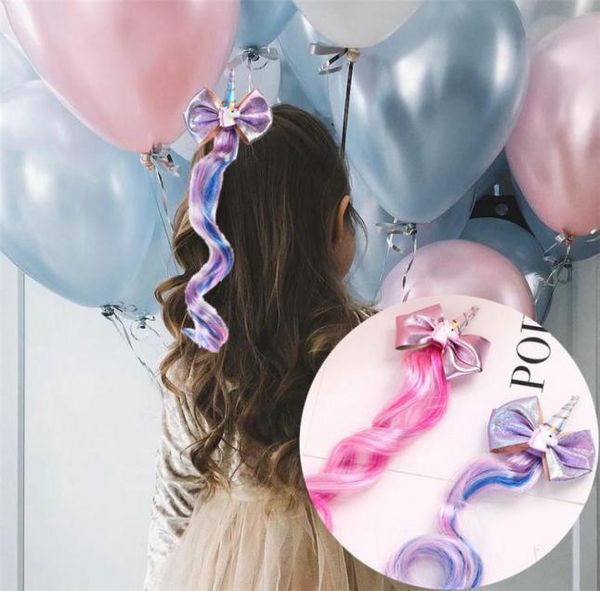 

cute unicorn gilded bow barrettes gradual color wig baby hair clip rainbow horse cloud 32cm firber horsehair girl hairdress3960998, Slivery;white