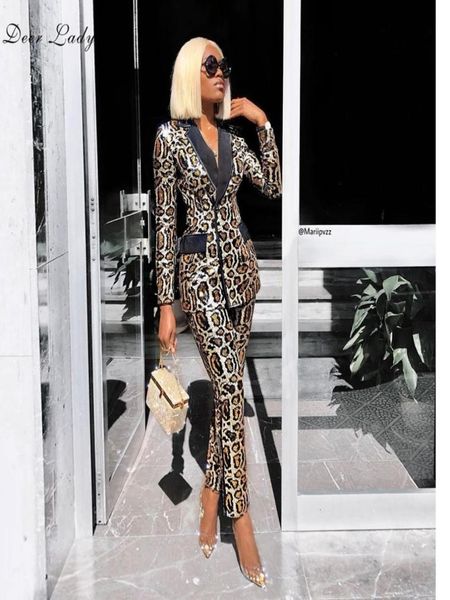 

blazer and pants set for women winter long sleeve 2 piece set sequined suit leopard jacket business suits ladies 2010073720604, White