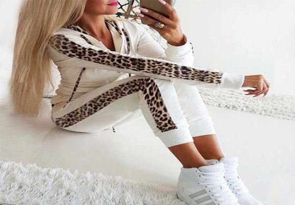 

fashion 2pcs women leopard long sleeve hooded sports pants tracksuit women sweatshirt sweat casual two color suit jogging sui5304679, Gray