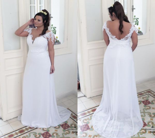 

2018 deep v neck open back wedding dresses plus size applique lace beach stylish with short sleeves chiffon bridal gowns1259975, White