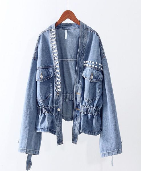 

fashion elastic waist blue denim jacket women outerwear autumn loose diamonds beading jeans jacket coat female chaquetas mujer2404884, Black;brown