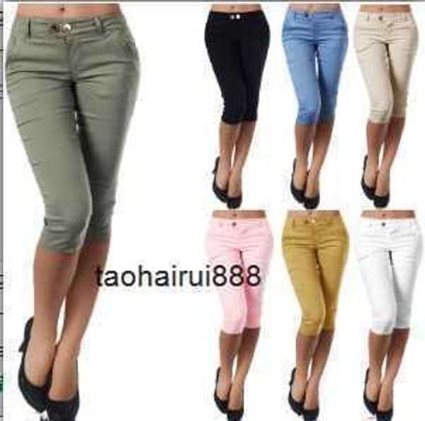 

women's solid color slim slim-fit pants capris button pocket casual pants, Black