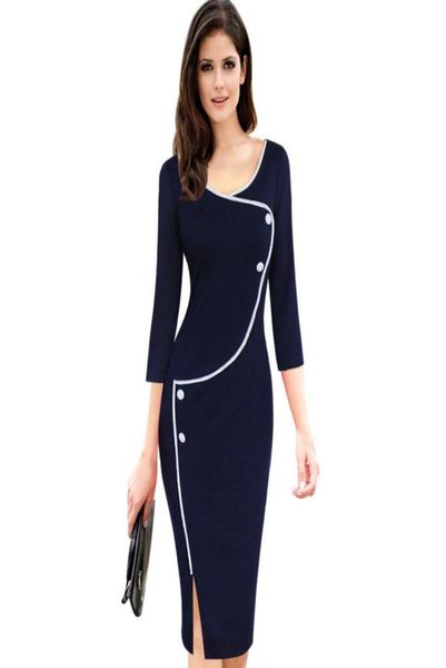 

new dsie womens vintage brief split bottom elegant casual work 34 sleeve deep oneck bodycon knee women office pencil dress4658595, White;black