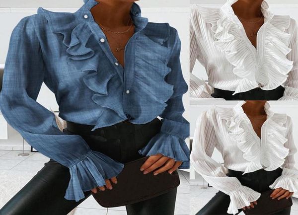 

2020 hirigin women shirt blouse ruffles long flare sleeve breasted button shirt autumn high street wear17534578, White
