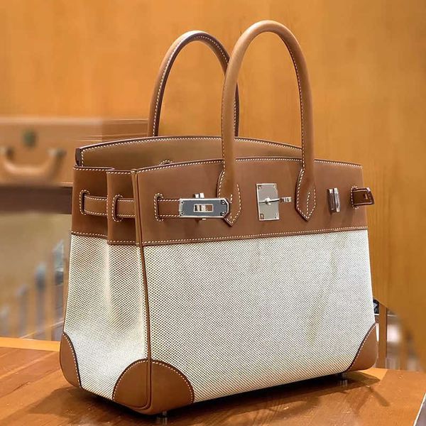 

original h ermes brikiss tote bags wholesale fully handmade sewn bag leather handbag french box patchwork canvas lock buckle womens large wi