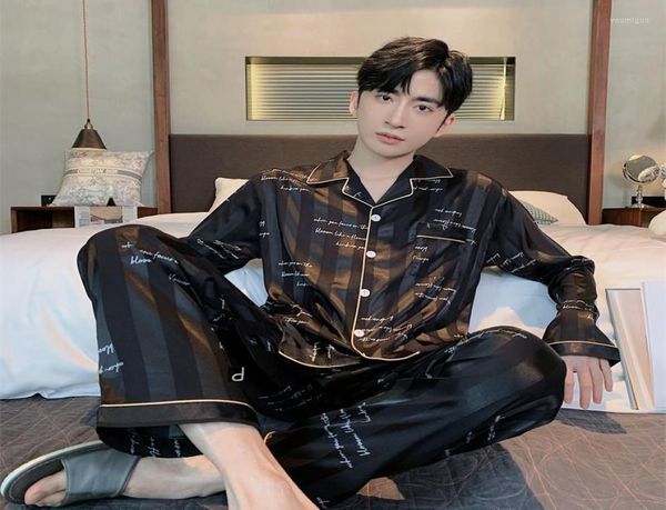 

men039s sleepwear summer spring men39s pajamas large bust nightie 5xl silk satin sets long sleeve home clothes nightwear paj7263677, Black;brown
