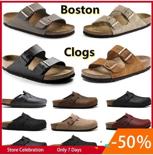 

boston 2023 slippers birks beach sandals lazy shoes lovers scuffs designer trainers new leather bag head pull cork female male summer cloggs, Black