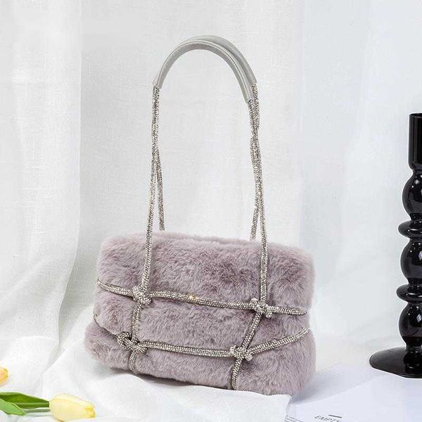 

evening bags rhinestone faux fur shoulder bag 2023 new elegant designer winter women fashion handbags ladies cute plush purse 230427