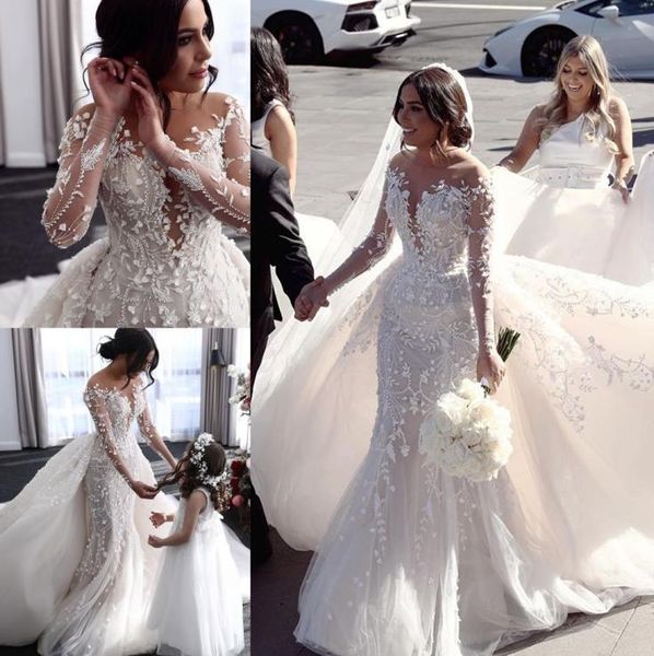 

2020 luxurious wedding dresses long sleeves appliques lace mermaid bridal gowns custom made detachable train wedding dress robes d6746079, White