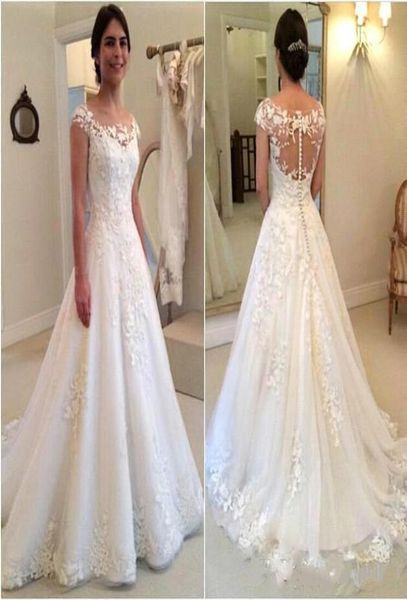 

romantic 2018 scoop lace applique cap short sleeve wedding dresses tulle button back illusion bridal gowns vestidos de novia4529487, White