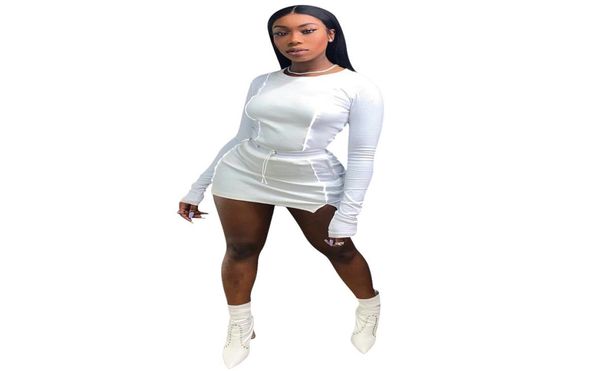 

autumn long sleeve reflective strips patchwork mini skirt set two piece set skinny women tracksuit white club outfits1375028