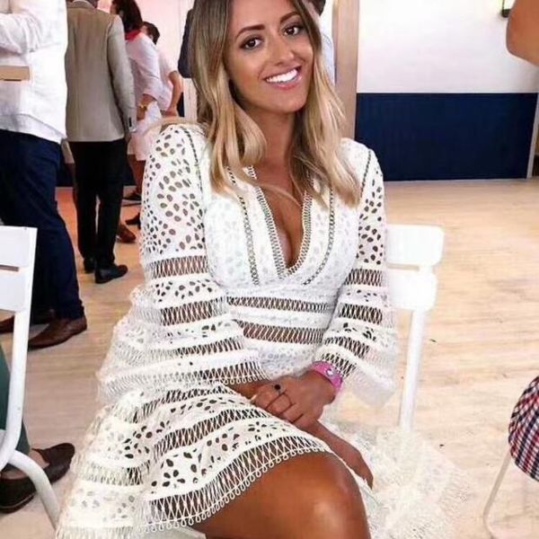 

heavy duty white lace hollowed out embroidery v-neck flared sleeves holiday dress for women, Black;gray