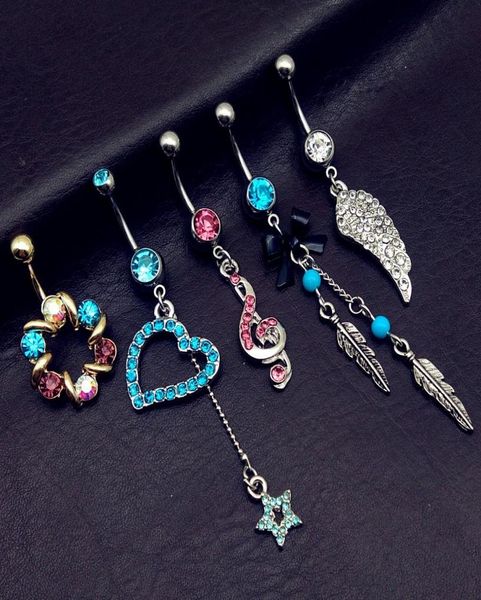 

5pcs mix style vintage blue turquoise wings note star bow long dangle navel belly bar button rings body piercing jewelry5830577, Silver
