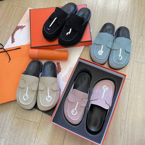

chypre clogs women slip on sandal h letter flat mules sandals half slipper designer casual shoes sheepskin suede leather clog platform slide, Black