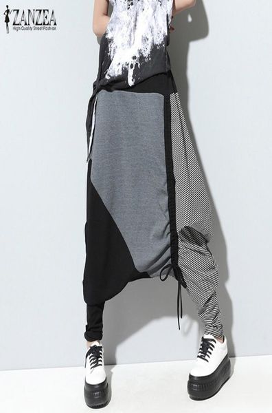 

znazea vintage patchwork harem pants women casual elastic waist baggy long wide leg trousers fashion dropcrotch pantalon y2001142725566, Black;white
